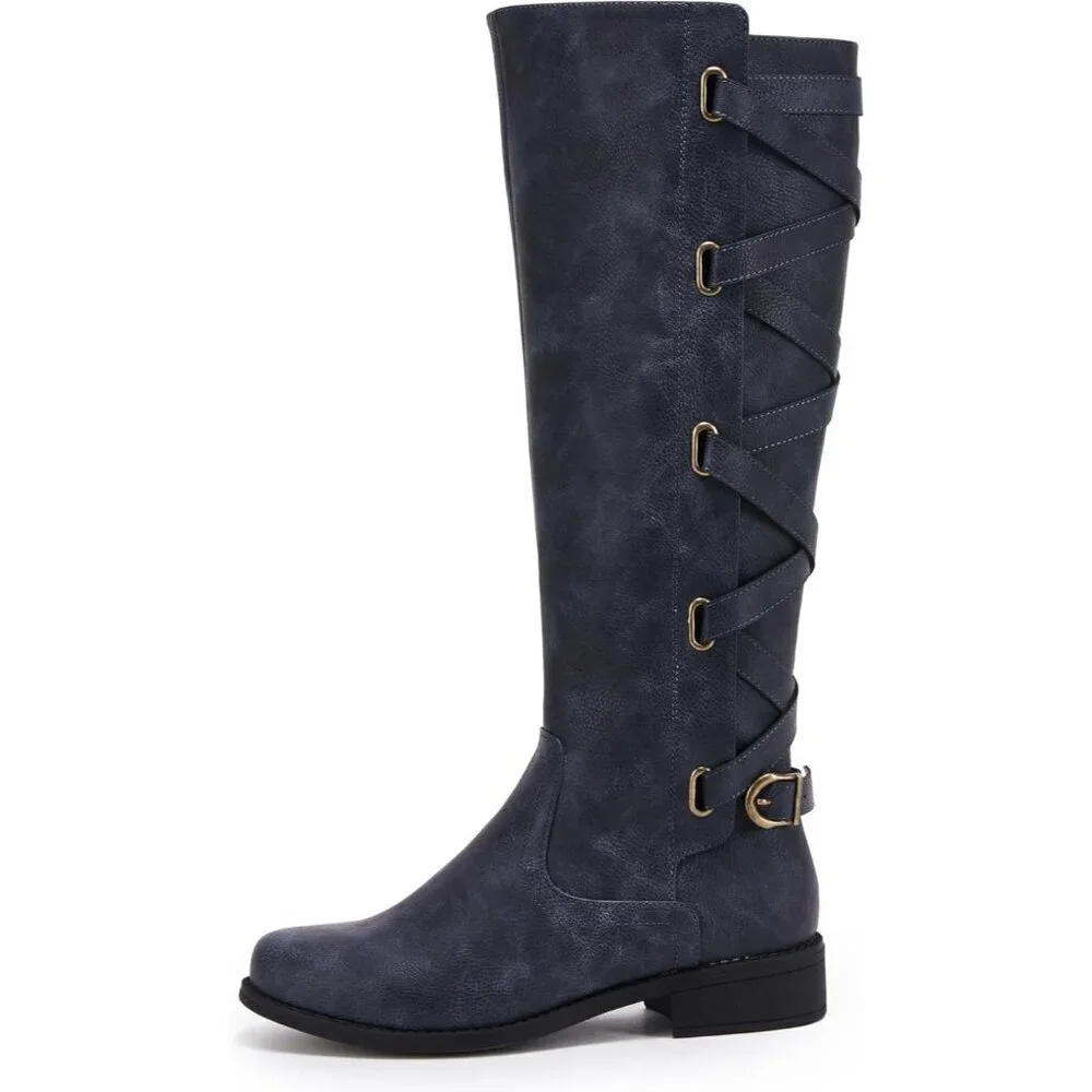 🆕Womens Faux Leather Navy Strappy Motorcycle Knee High Riding Flat Lace Up Boot
